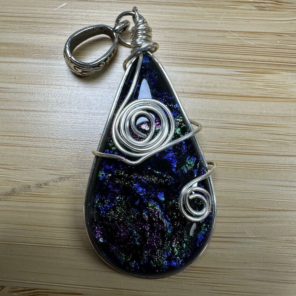 Vintage Dichroic Foiled Tear Drop Glass Pendant Sterling Silver Wire Wrap Artsy
